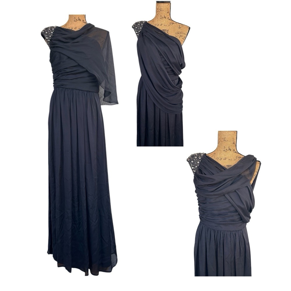 ABS by Allen Schwartz Evening Gown Silk Black Size 8 One Shoulder Studded Drape